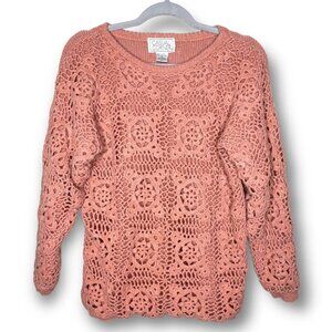 Vintage 90s Casual Corner Small Pink Dainty Crochet Knit Heavy Cozy Sweater